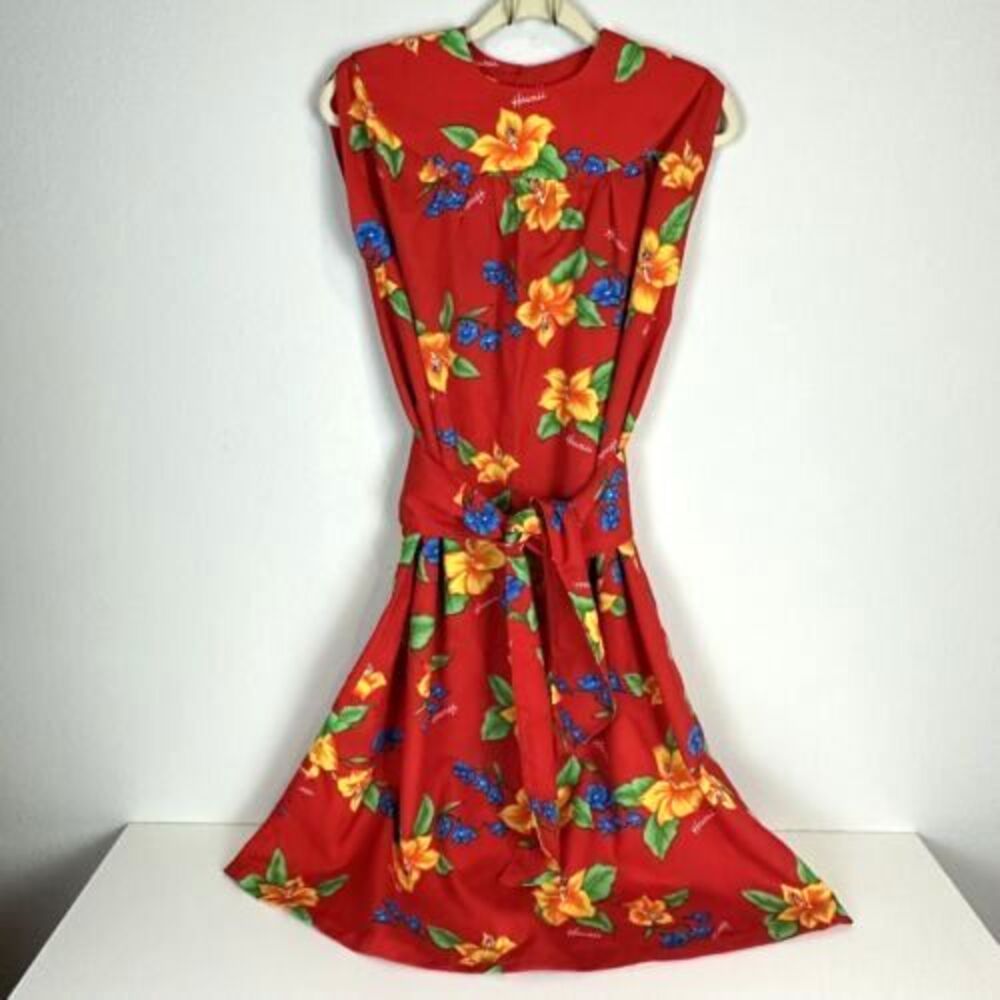 Vintage Handmade Hawaiian Aloha Belted Muu Muu Dress Red Floral Polyester 70s L